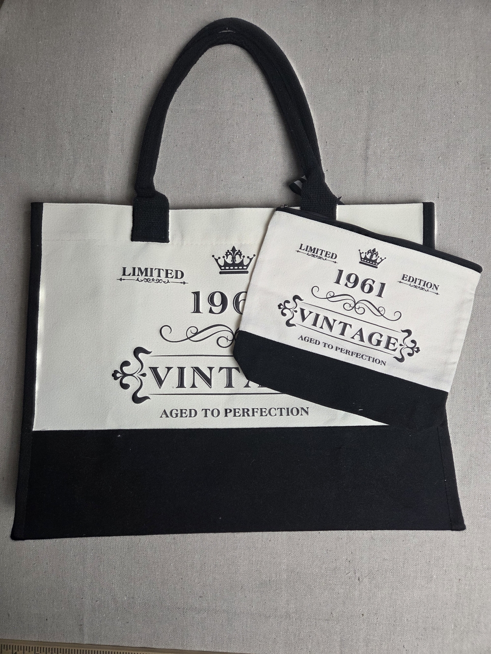 Vintage 1961 Canvas Tote and Pouch Set - Black & White